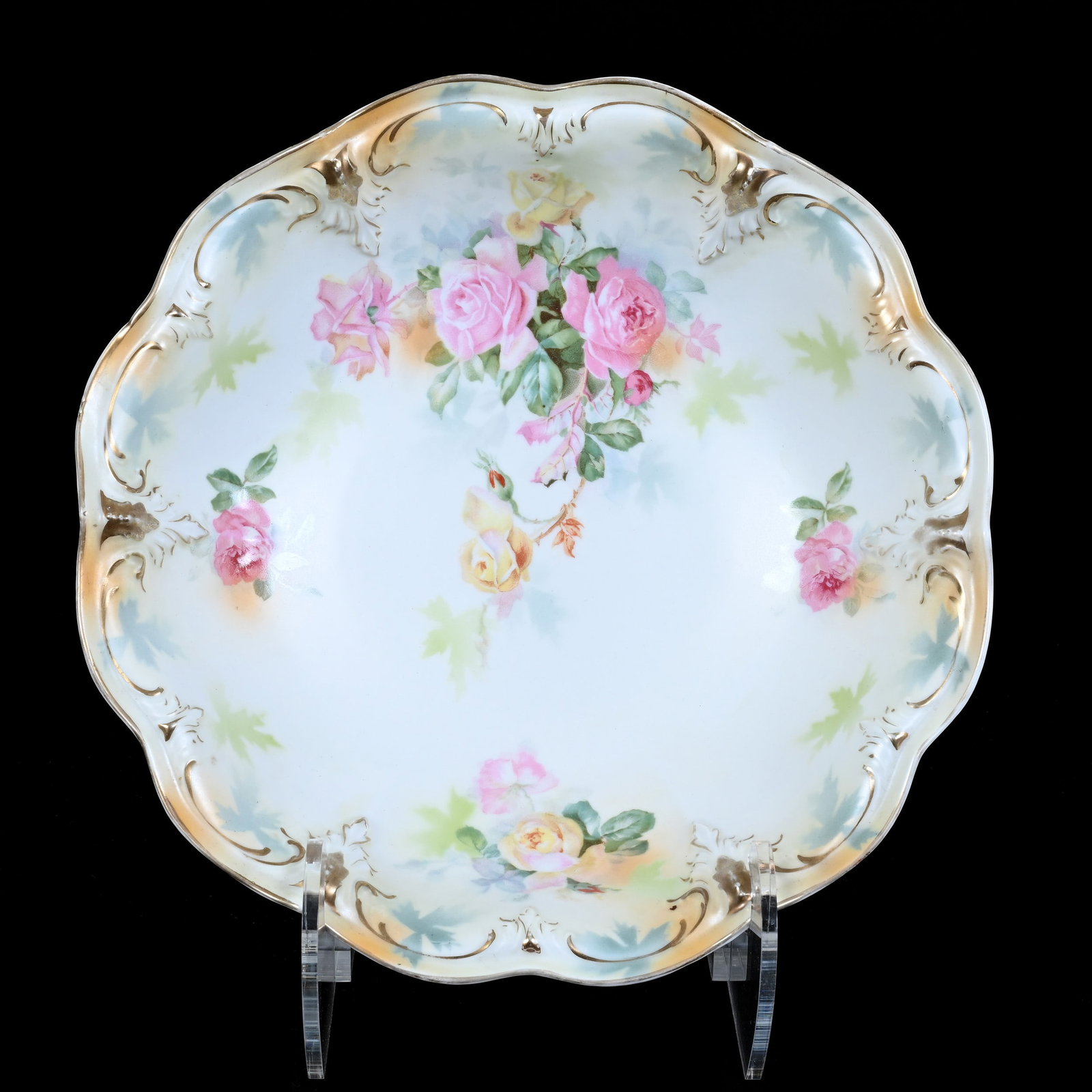 Bowl, Marked R.S. Prussia, Rose Decor: Bowl, Marked R.S. Prussia, Rose Decor, 10.5", White, Blue, And Peach Satin Finish, Christine And The Late Bob Welter Collection, Texas.