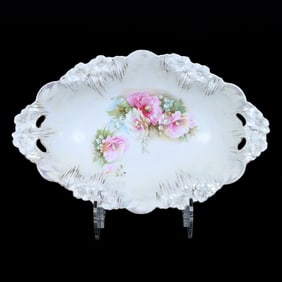 Bread Bowl, Marked R.S. Prussia, Icicle Mold, White Satin Finish With Floral Decor