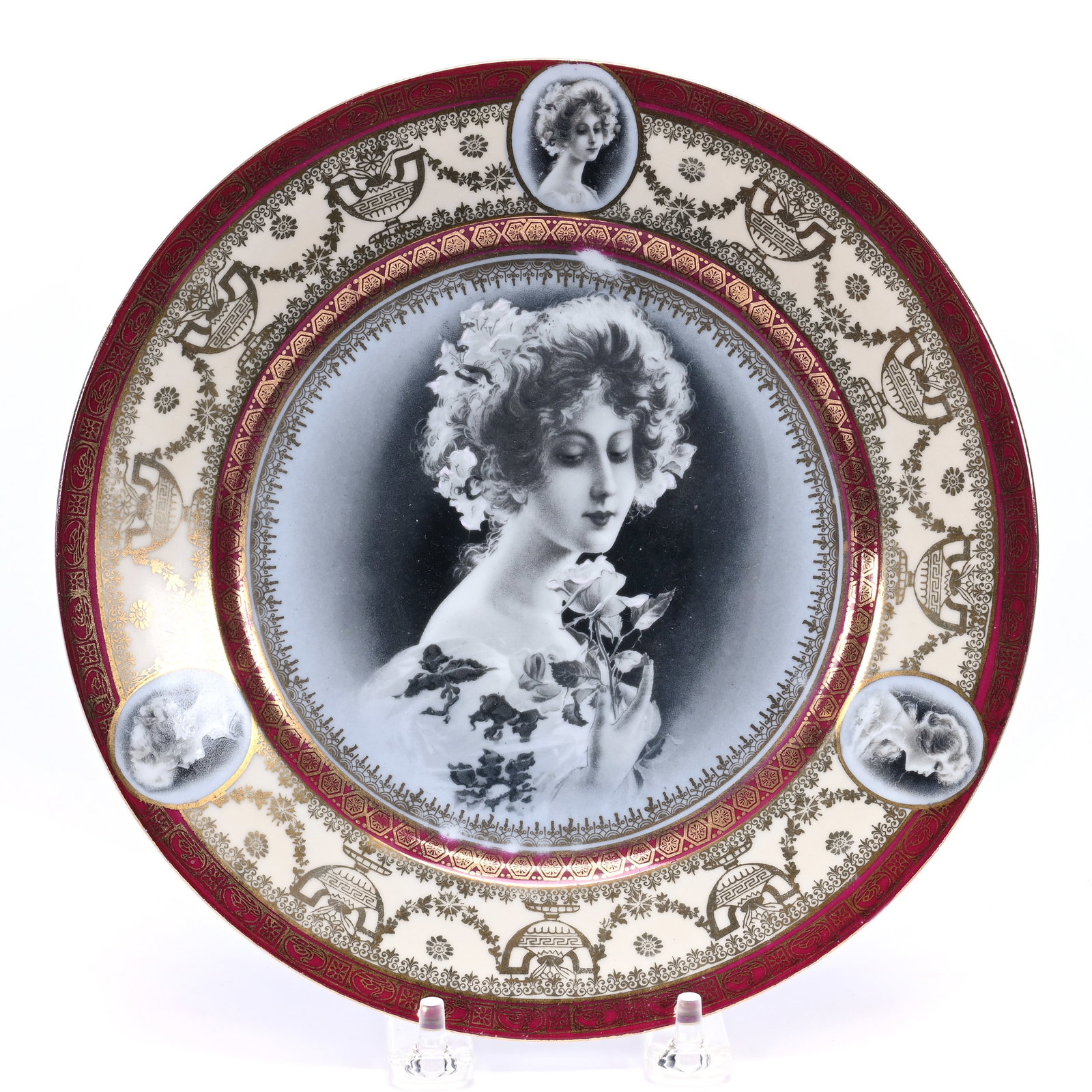 Plate, Marked Czechoslovakia, Black and White Portrait Of Young Woman: Plate, Marked Czechoslovakia, Black and White Portrait Of Young Woman, 8.5", Maroon And Cream Border, Gold Stencil Highlights, Christine And The Late Bob Welter Collection, Texas.