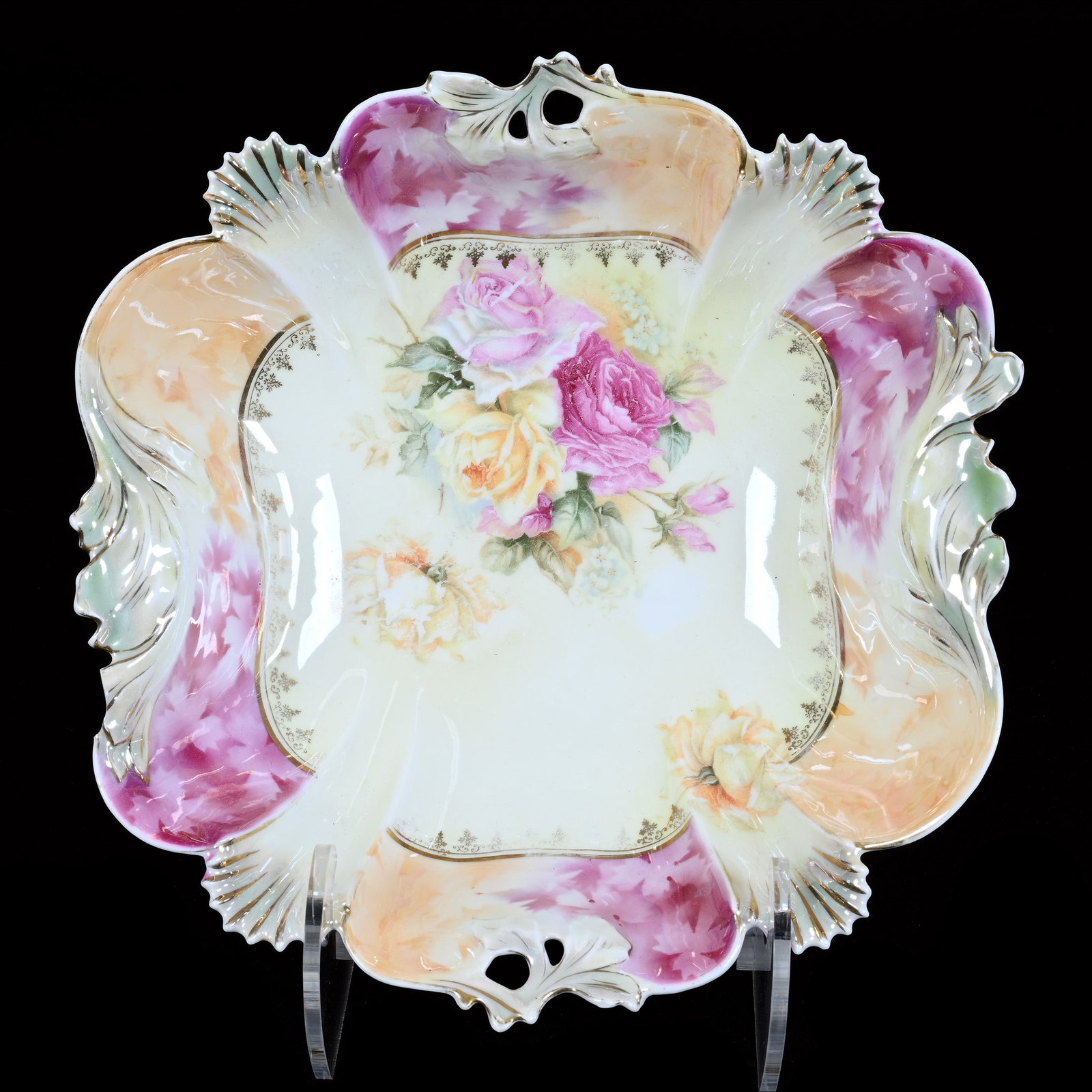 Bowl, Square, Marked R.S. Prussia, Rose Decor: Bowl, Square, Marked R.S. Prussia, Rose Decor, 10", Cream, Orange, And Pink Luster Finish, Unique Mold, Christine And The Late Bob Welter Collection, Texas.