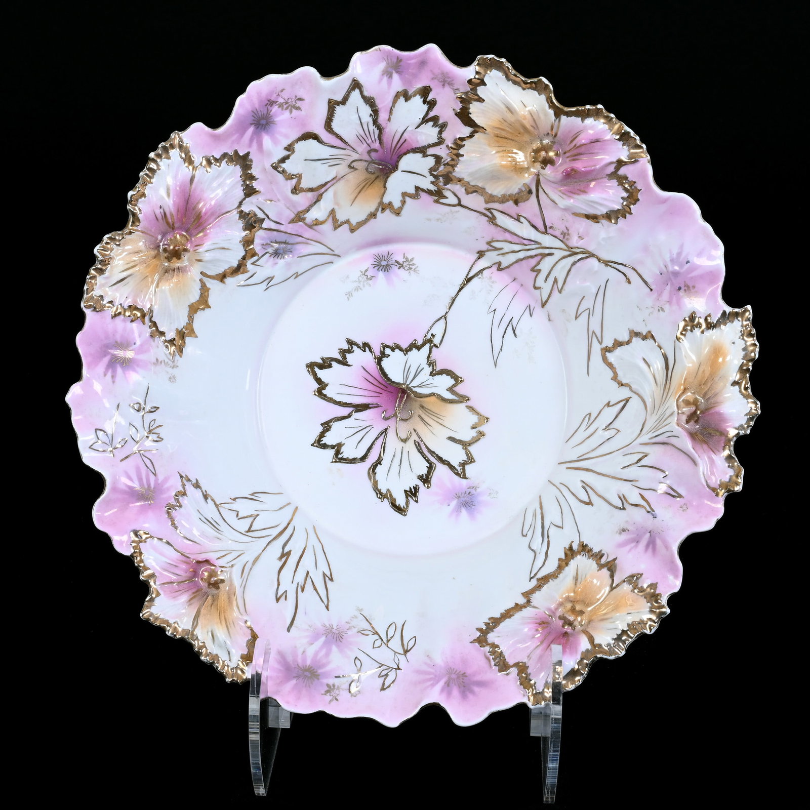 Bowl, Unmarked R.S. Prussia, Carnation Mold, Gold Trim Highlights: Bowl, Unmarked R.S. Prussia, Carnation Mold, Gold Trim Highlights, 12", Lavender, White, And Cream Tones, Christine And The Late Bob Welter Collection, Texas.