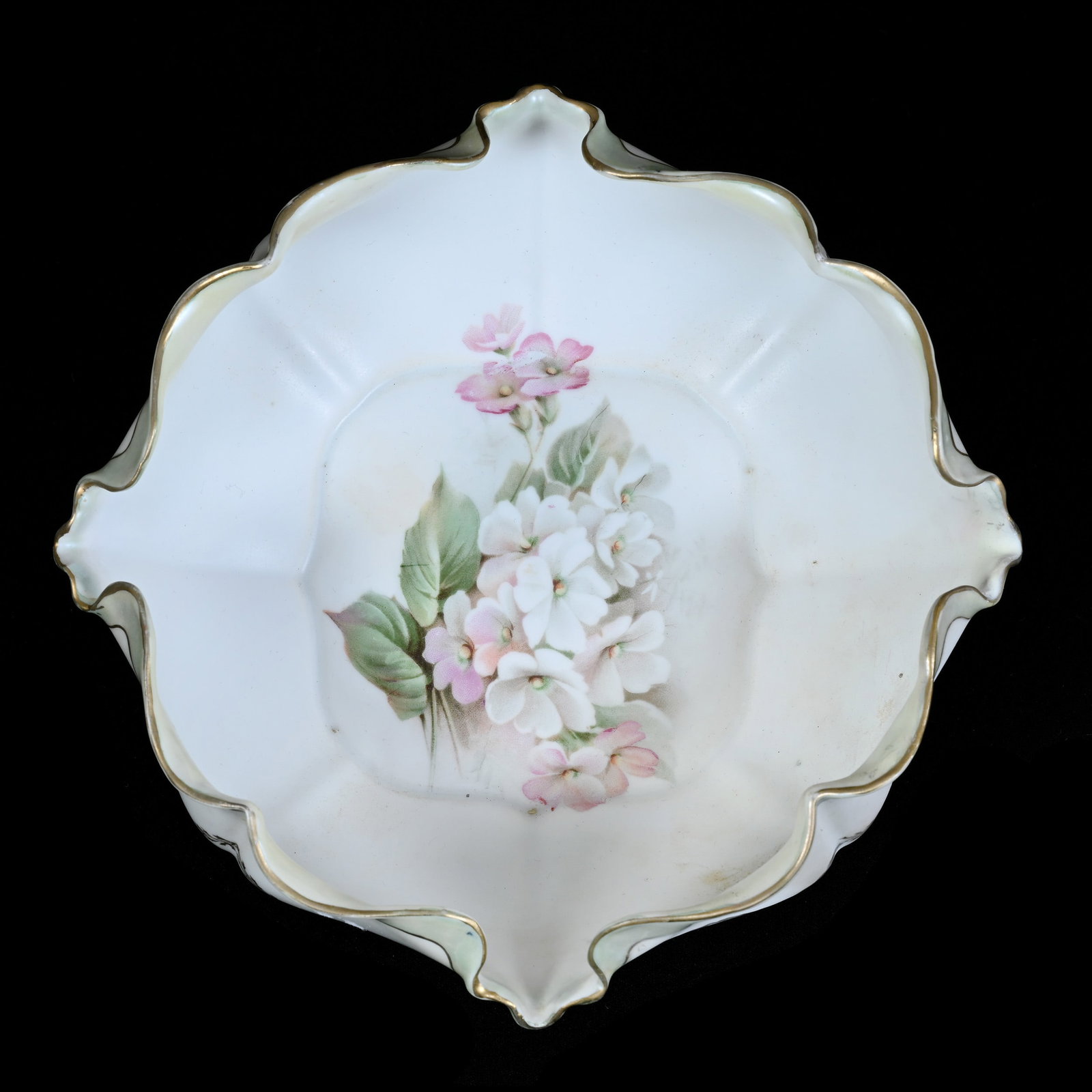 Bowl, Marked R.S. Prussia, Floral Decor: Bowl, Marked R.S. Prussia, Floral Decor, 7.5", Cream, Green, And White Satin Finish, Christine And The Late Bob Welter Collection, Texas.