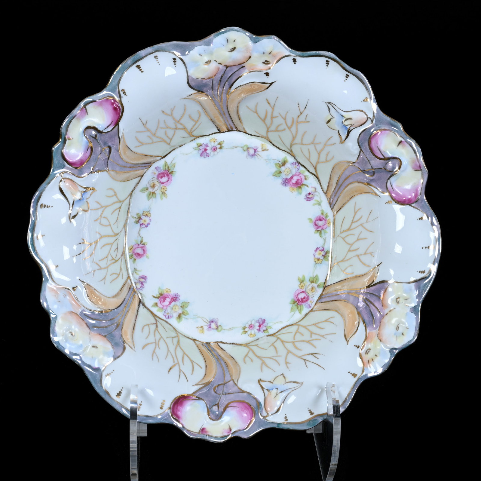 Bowl, Unmarked R.S. Prussia, Colorful Floral and Gold Stencil Highlights: Bowl, Unmarked R.S. Prussia, Colorful Floral and Gold Stencil Highlights, 10.25", White And Lavender Luster Finish, Base Chip, Christine And The Late Bob Welter Collection, Texas.