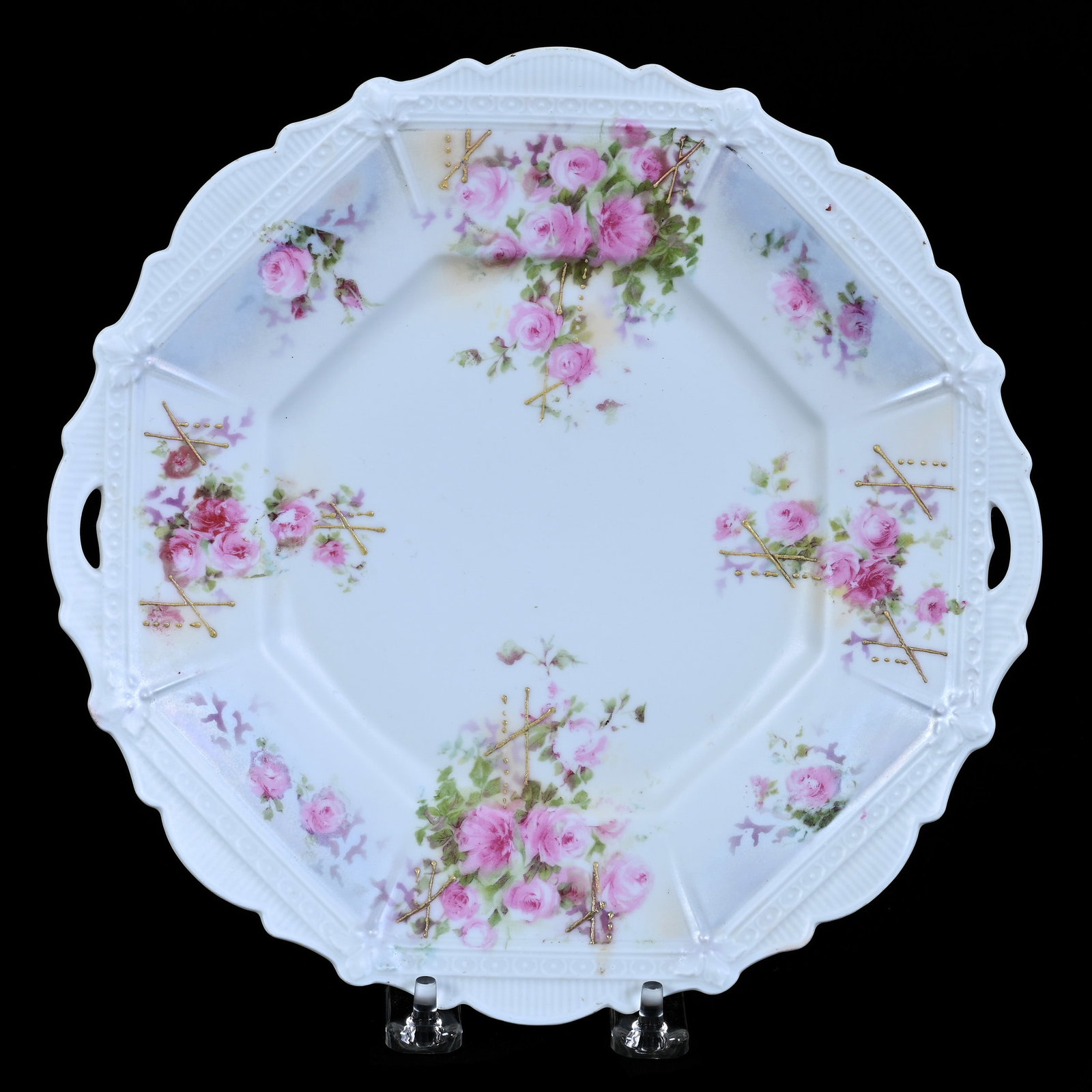 Cake Plate, Marked R.S. Prussia, Pink Rose Decor: Cake Plate, Marked R.S. Prussia, Pink Rose Decor, 9.5", White And Tiffany Satin Finish, Christine And The Late Bob Welter Collection, Texas.