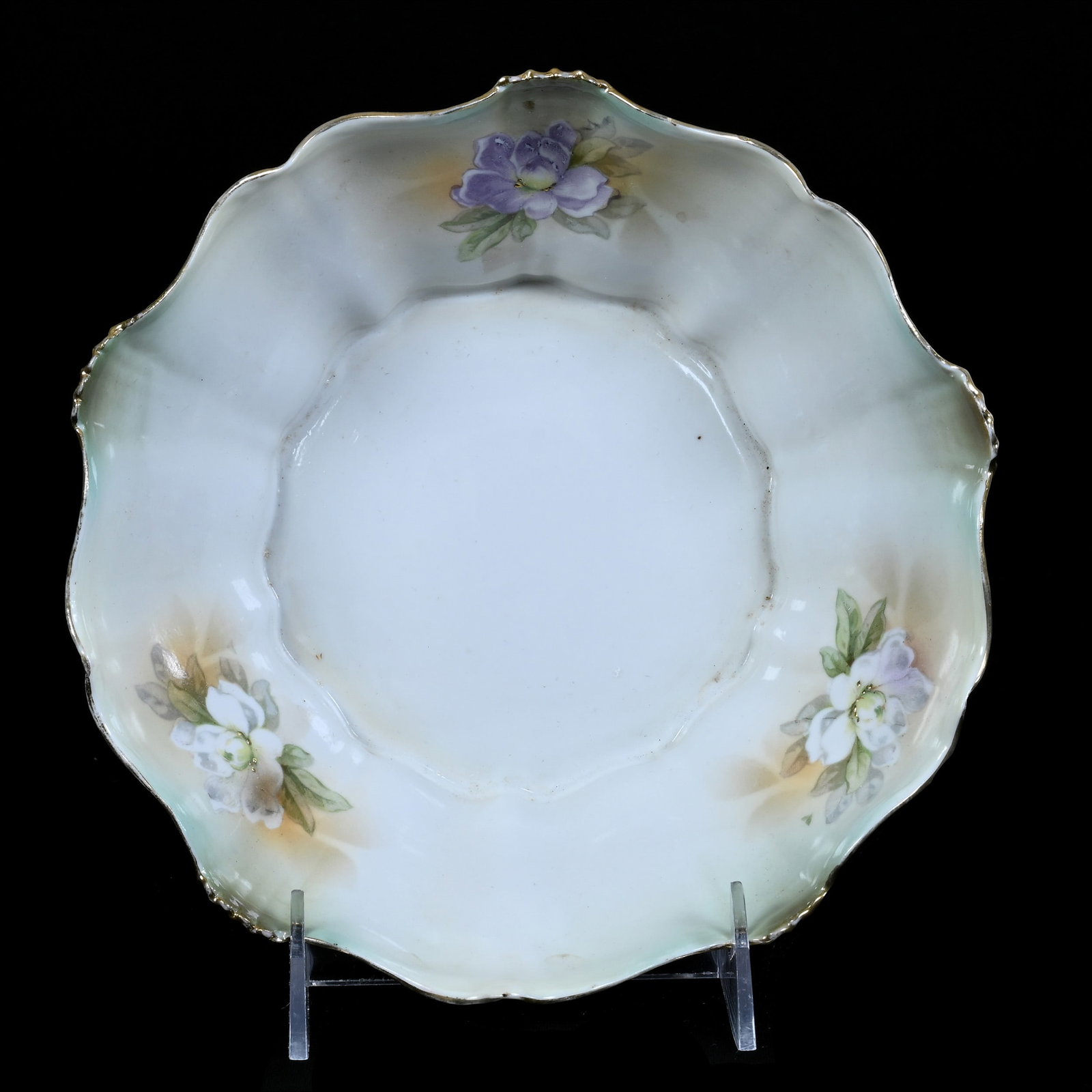 Bowl, Marked R.S. Prussia, Floral Decor: Bowl, Marked R.S. Prussia, Floral Decor, 7.75", Green, White, And Cream Tones, Christine And The Late Bob Welter Collection, Texas.