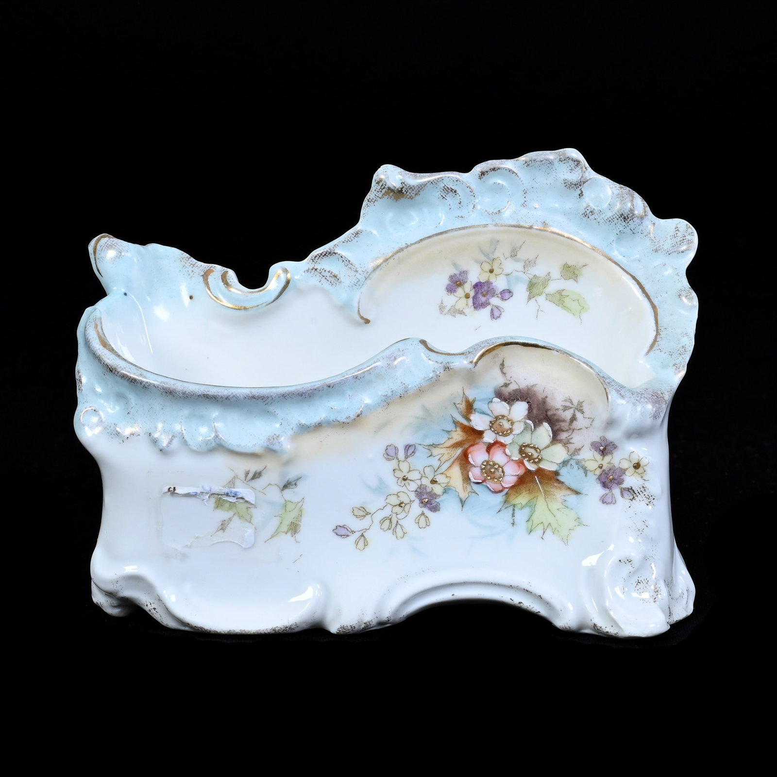 Letter Holder, Early Unmarked R.S. Prussia: Letter Holder, Early Unmarked R.S. Prussia, 3.75" x 5", Blue, Cream, And White Tones With Floral Decor, Christine And The Late Bob Welter Collection, Texas.