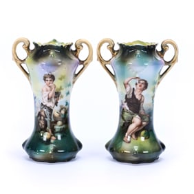 Pair Vases, Two Handled, Unmarked R.S. Prussia, Melon Eater Scenic Decor
