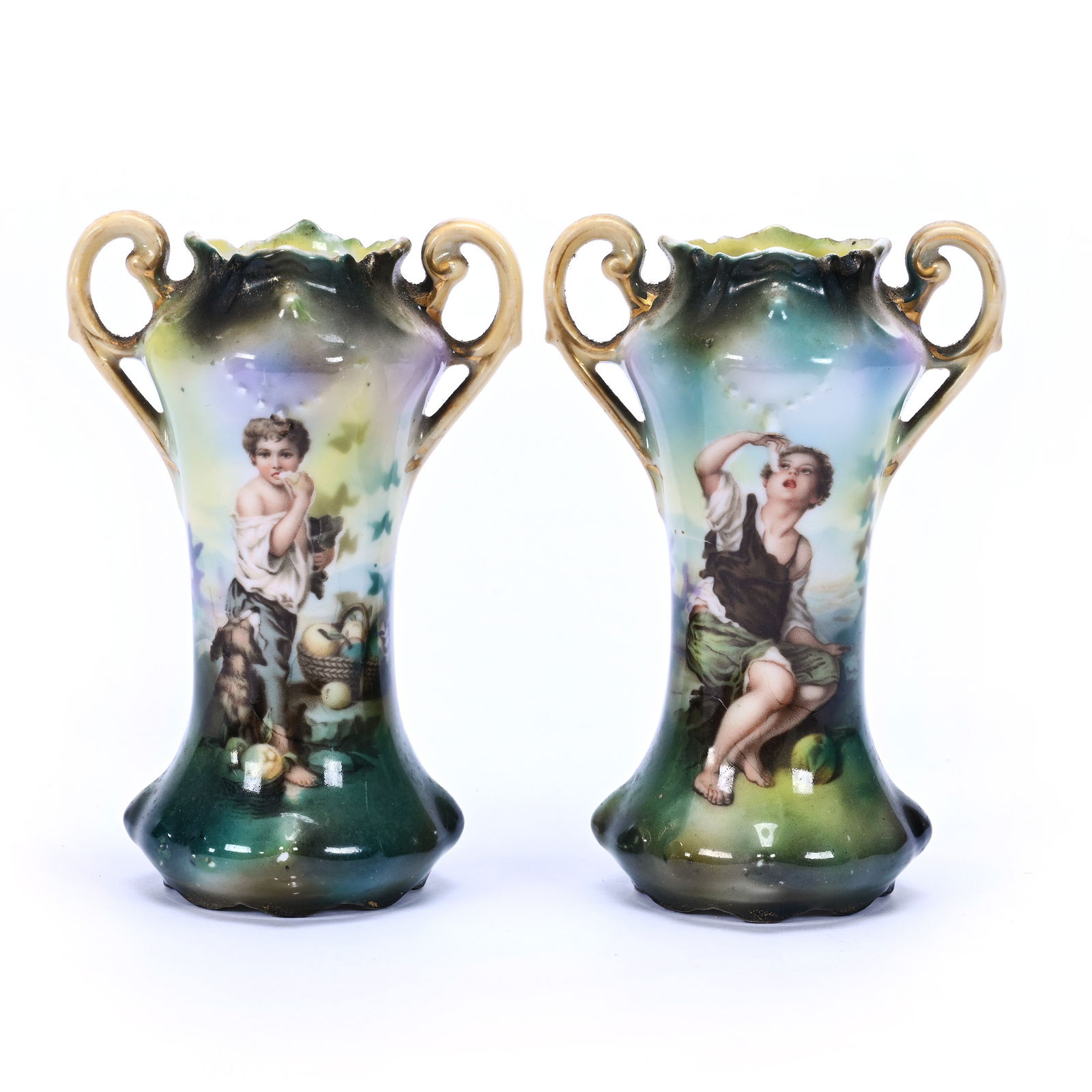 Pair Vases, Two Handled, Unmarked R.S. Prussia, Melon Eater Scenic Decor (1 of 3)