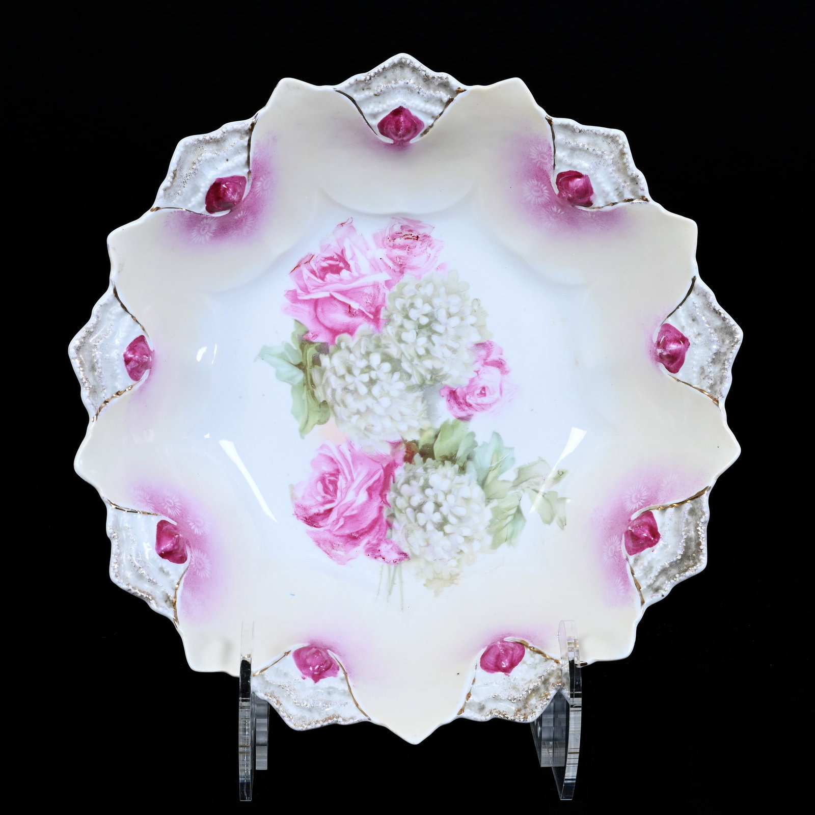 Bowl, Marked R.S. Prussia, Snowball and Rose Decor: Bowl, Marked R.S. Prussia, Snowball and Rose Decor, 10.25", Cream, Pink, And White Tones, Christine And The Late Bob Welter Collection, Texas.