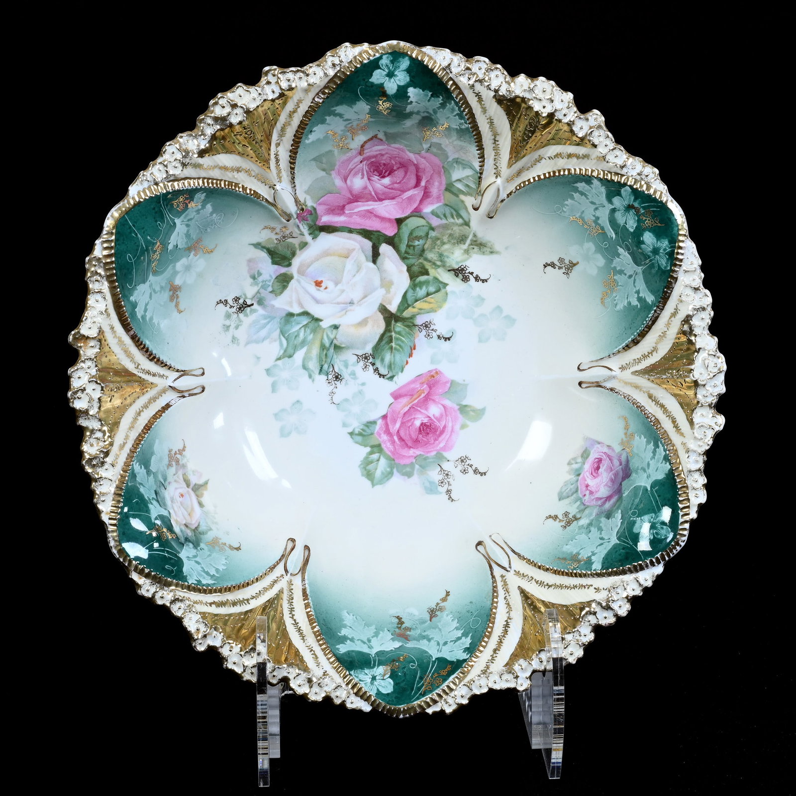 Bowl, Marked R.S. Prussia, Pink and White Rose Decor, Nice Gold Border Highlights: Bowl, Marked R.S. Prussia, Pink and White Rose Decor, Nice Gold Border Highlights, 10.75", Green And Cream Tones, Base Nick, Christine And The Late Bob Welter Collection, Texas.