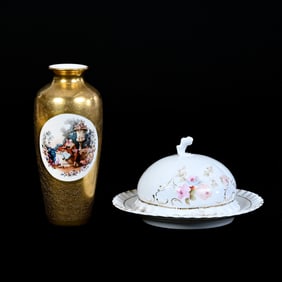 Unmarked R.S. Prussia Butter Dish and Marked Pickard Vase