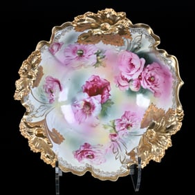 Bowl, Marked R.S. Prussia, Carnation Mold, Pink Poppy Decor, Two Tone Gold Border