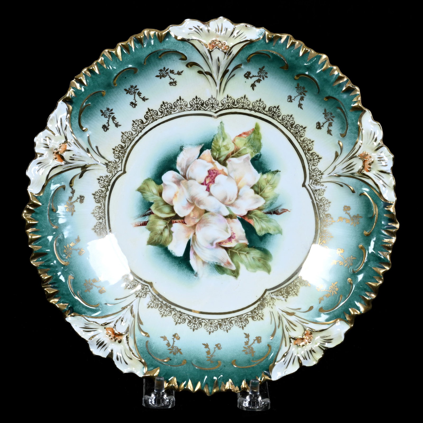 Plate, Marked R.S. Prussia, Magnolia Decor With Heavy Gold Stencil Highlights: Plate, Marked R.S. Prussia, Magnolia Decor With Heavy Gold Stencil Highlights, 8.75", Green And White Tones, Neal and Barbara Smith Private Collection, Alabama.
