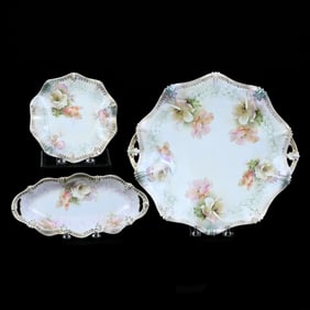 (3) Marked R.S. Prussia Items With White Poppy Decor, Cream and Green Satin Finish