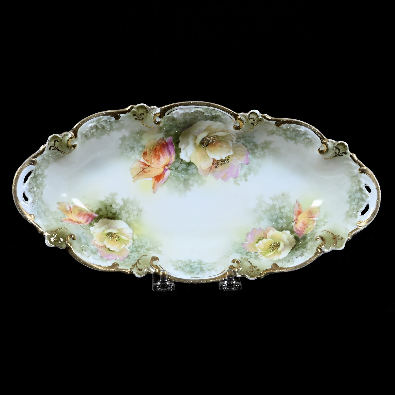 Celery Tray, Marked R.S. Prussia, White Poppy Decor and Gold Trim Highlights: Celery Tray, Marked R.S. Prussia, White Poppy Decor and Gold Trim Highlights, 12" x 6", Green And White Tones, Neal and Barbara Smith Private Collection, Alabama.
