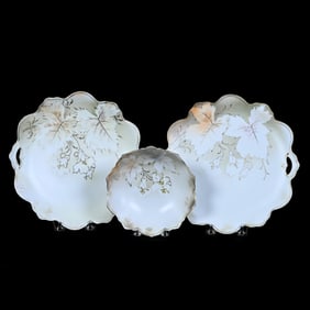 (3) Unmarked R.S. Prussia Items, Stylized Leaf and Blossom Decor, White and Green Satin Finish