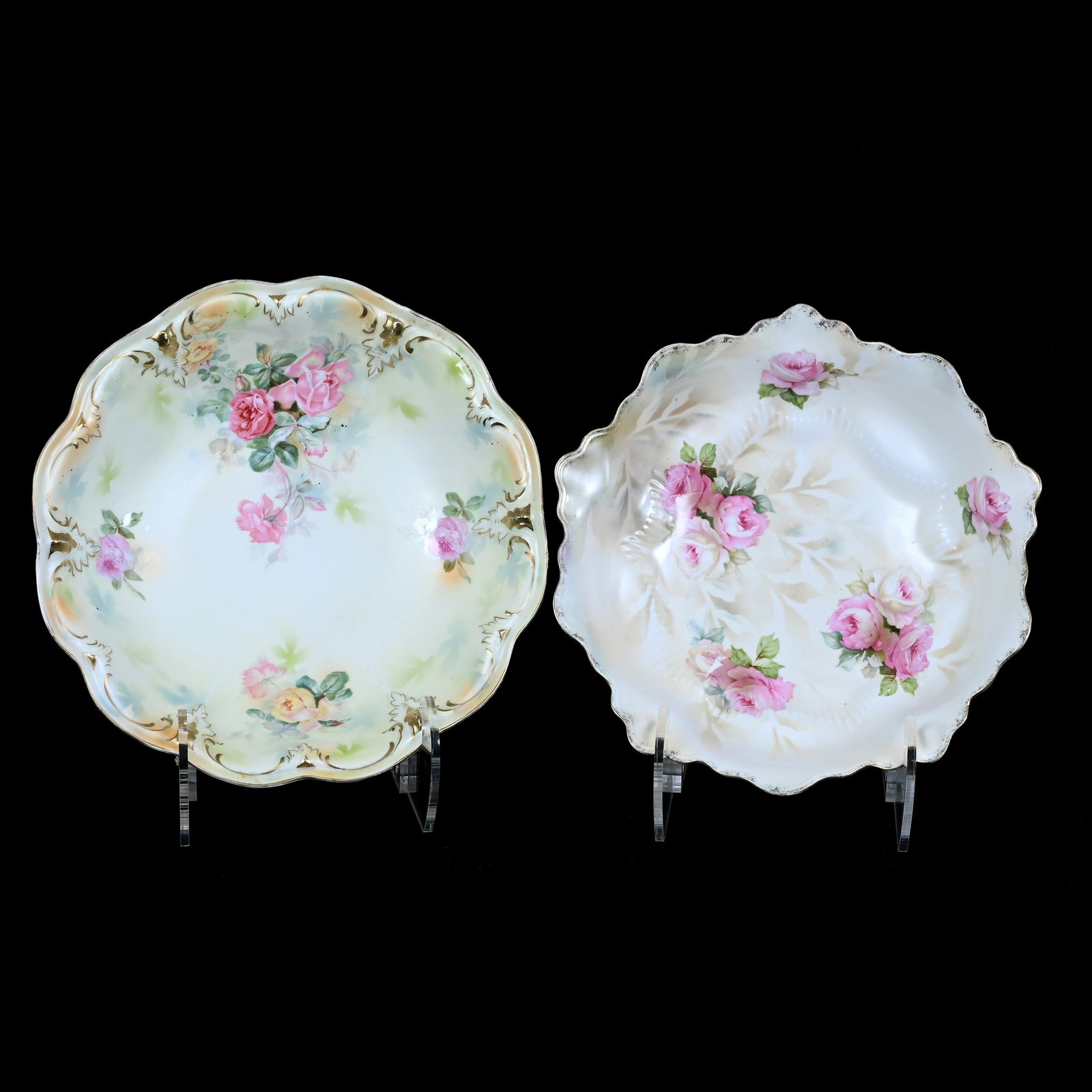 (2) Bowls, Marked R.S. Prussia, Satin Finish With Rose Decor: (2) Bowls, Marked R.S. Prussia, Satin Finish With Rose Decor, Approximately 10.5", (1) Cream Tones, (1) Green And Cream Tones, Crow's Foot, Neal and Barbara Smith Private Collection, Alabama.