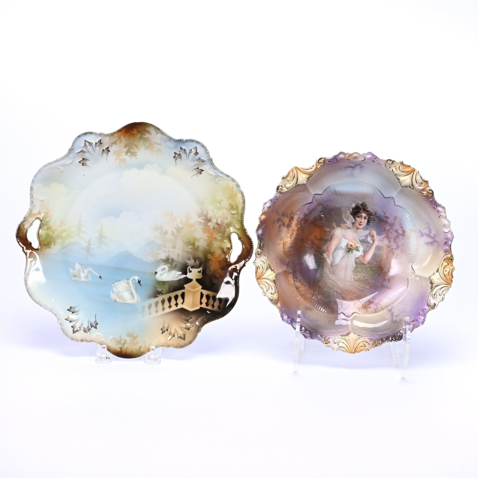 Bowl and Cake Plate, Both Marked R.S. Prussia: Bowl and Cake Plate, Both Marked R.S. Prussia, (1) 9.25" Bowl, Fall Season Portrait, Brown, Lavender and Cream Background, (1) 10.75" Cake Plate, Swan And Terrace Scenic Decor, Both With Old Crows Foo