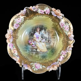 Bowl, Unmarked R.S. Prussia, Woman Seated With Fan Scenic Decor