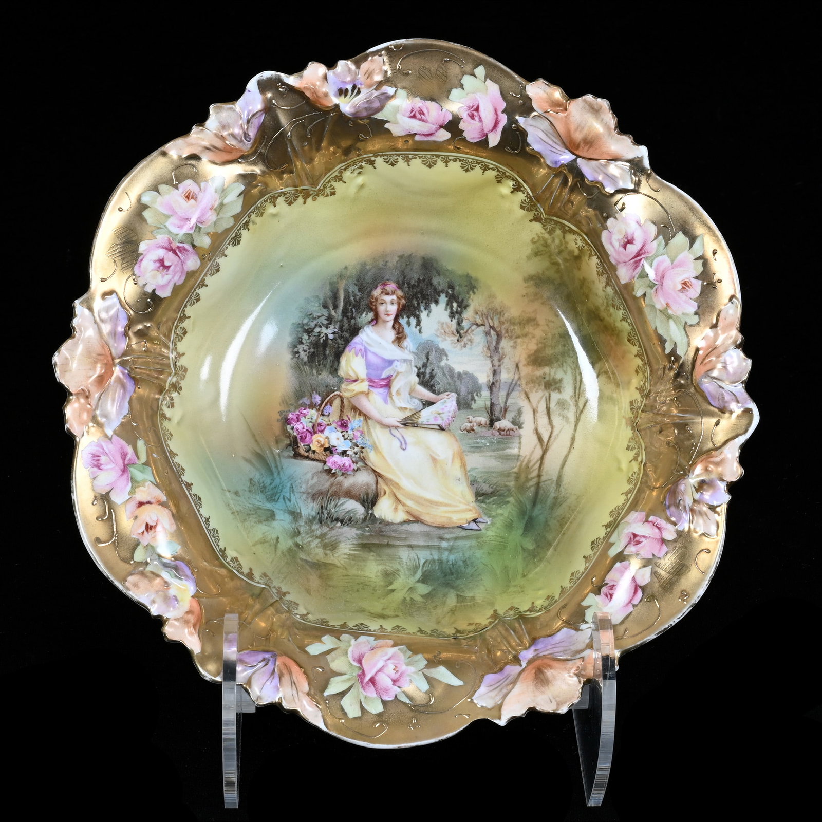 Bowl, Unmarked R.S. Prussia, Woman Seated With Fan Scenic Decor: Bowl, Unmarked R.S. Prussia, Woman Seated With Fan Scenic Decor, 9.5", Heavy Gold Border, Neal and Barbara Smith Private Collection, Alabama.