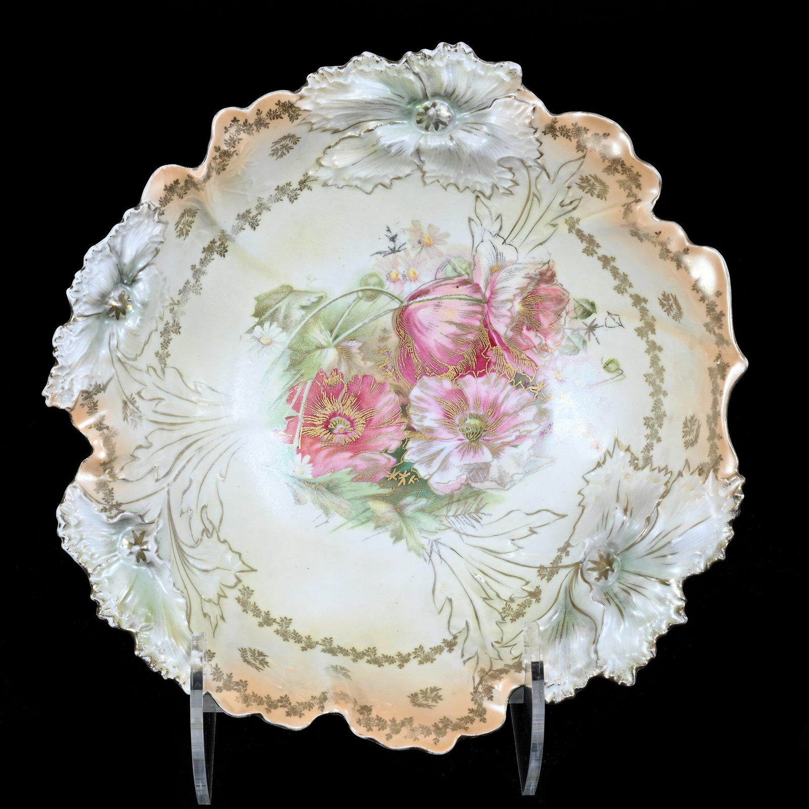Bowl, Marked R.S. Prussia, Carnation Mold, Pink Poppy Decor With Gold Stencil Highlights: Bowl, Marked R.S. Prussia, Carnation Mold, Pink Poppy Decor With Gold Stencil Highlights, 10.25", Yellow And Peach Satin Finish, Neal and Barbara Smith Private Collection, Alabama.