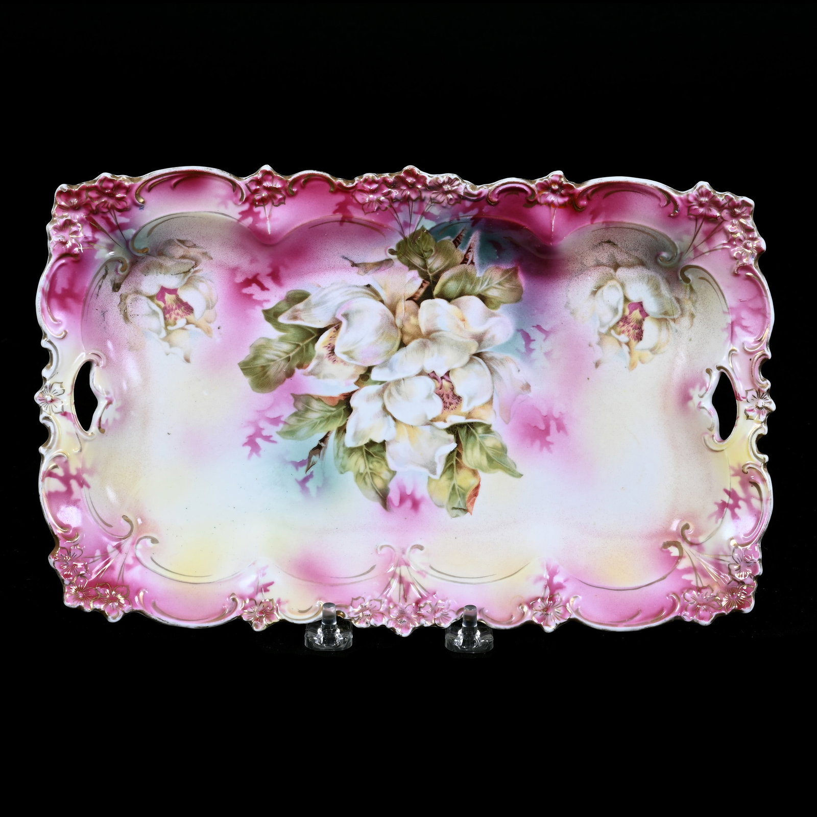 Dresser Tray, Marked R.S. Prussia, Magnolia Decor: Dresser Tray, Marked R.S. Prussia, Magnolia Decor, 11.5" x 7.5", Pink And Yellow Tones, Neal and Barbara Smith Private Collection, Alabama.