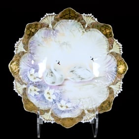 Bowl, Unmarked R.S. Prussia, Stylized Swan Luster Finish With Iridescent Gold Border