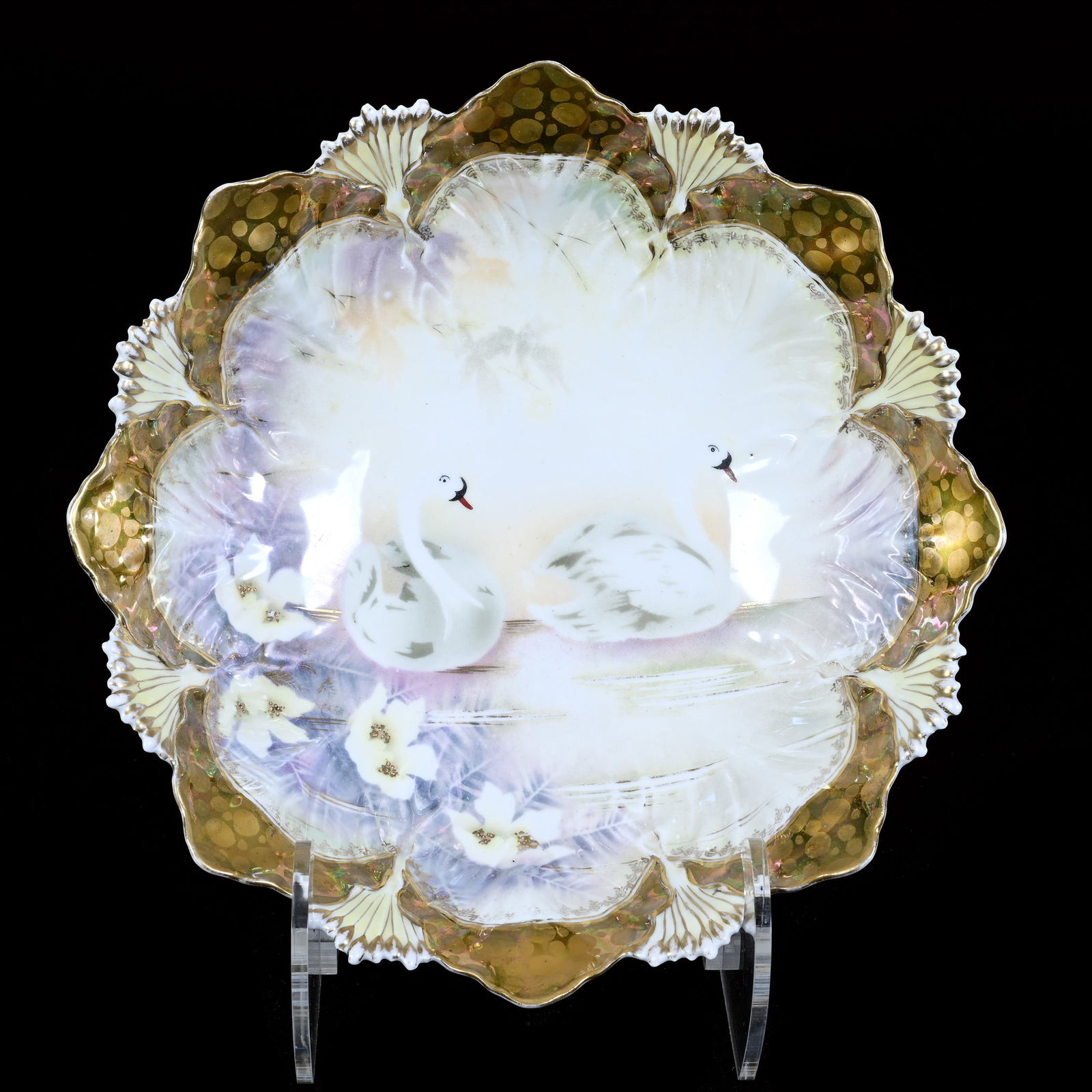 Bowl, Unmarked R.S. Prussia, Stylized Swan Luster Finish With Iridescent Gold Border (1 of 2)