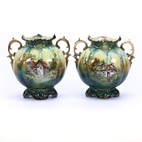 Vases, Pair, Marked R.S. Prussia, Mill and Cottage Scenic Decort