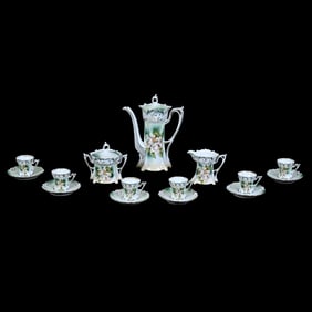 Nine Piece Coffee Set, Magnolia Decor, Green, Cream, and White Tones