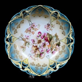 Bowl, Unmarked R.S. Prussia, Reticulated Edge, Floral Decor With Gold Stencil Highlights