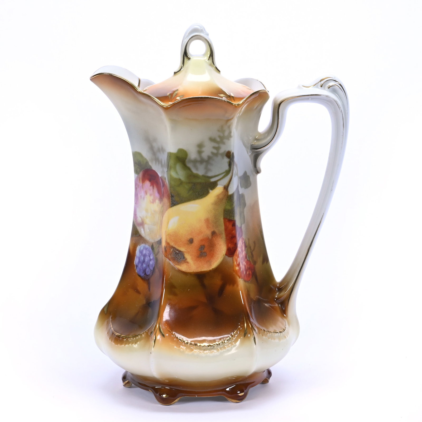 Chocolate Pot, Unmarked R.S. Prussia, Fruit Decor: Chocolate Pot, Unmarked R.S. Prussia, Fruit Decor, 9.5" x 6.5", Brown And Yellow Tones, Neal and Barbara Smith Private Collection, Alabama.