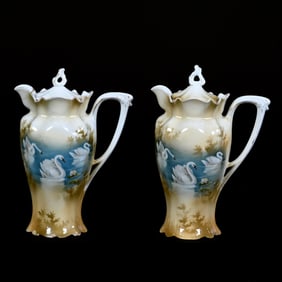(2) Chocolate Pots, Unmarked R.S. Prussia, Swan Scenic Decor