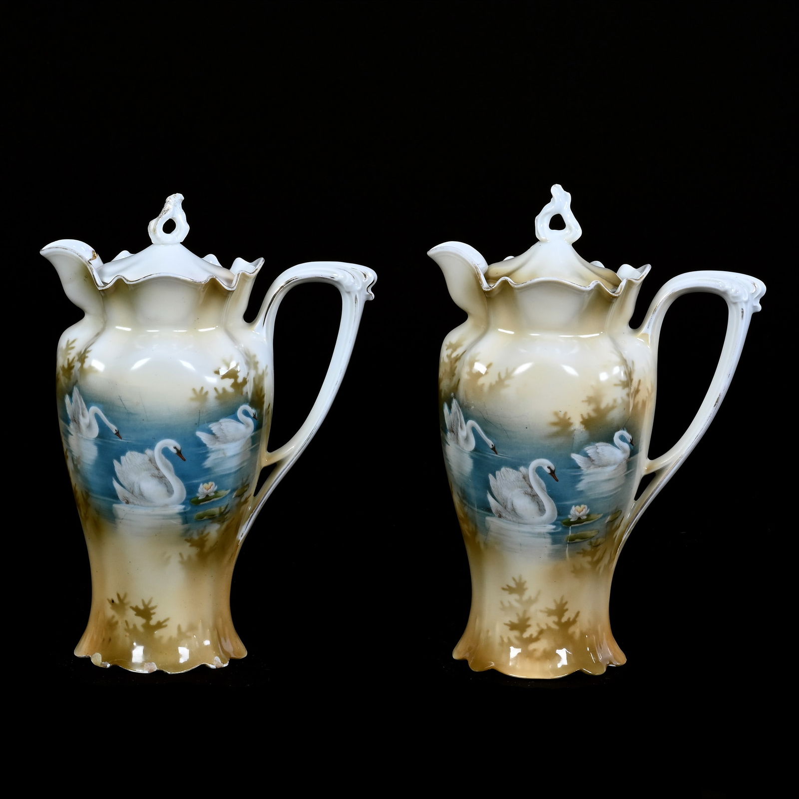 (2) Chocolate Pots, Unmarked R.S. Prussia, Swan Scenic Decor (1 of 6)