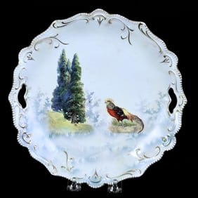 Cake Plate, Marked R.S. Prussia, Pheasant and Evergreen Scenic Decor
