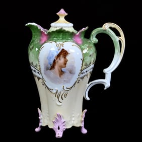 Chocolate Pot, Footed, Unmarked R.S. Prussia, Peasant Girl Portrait Decor