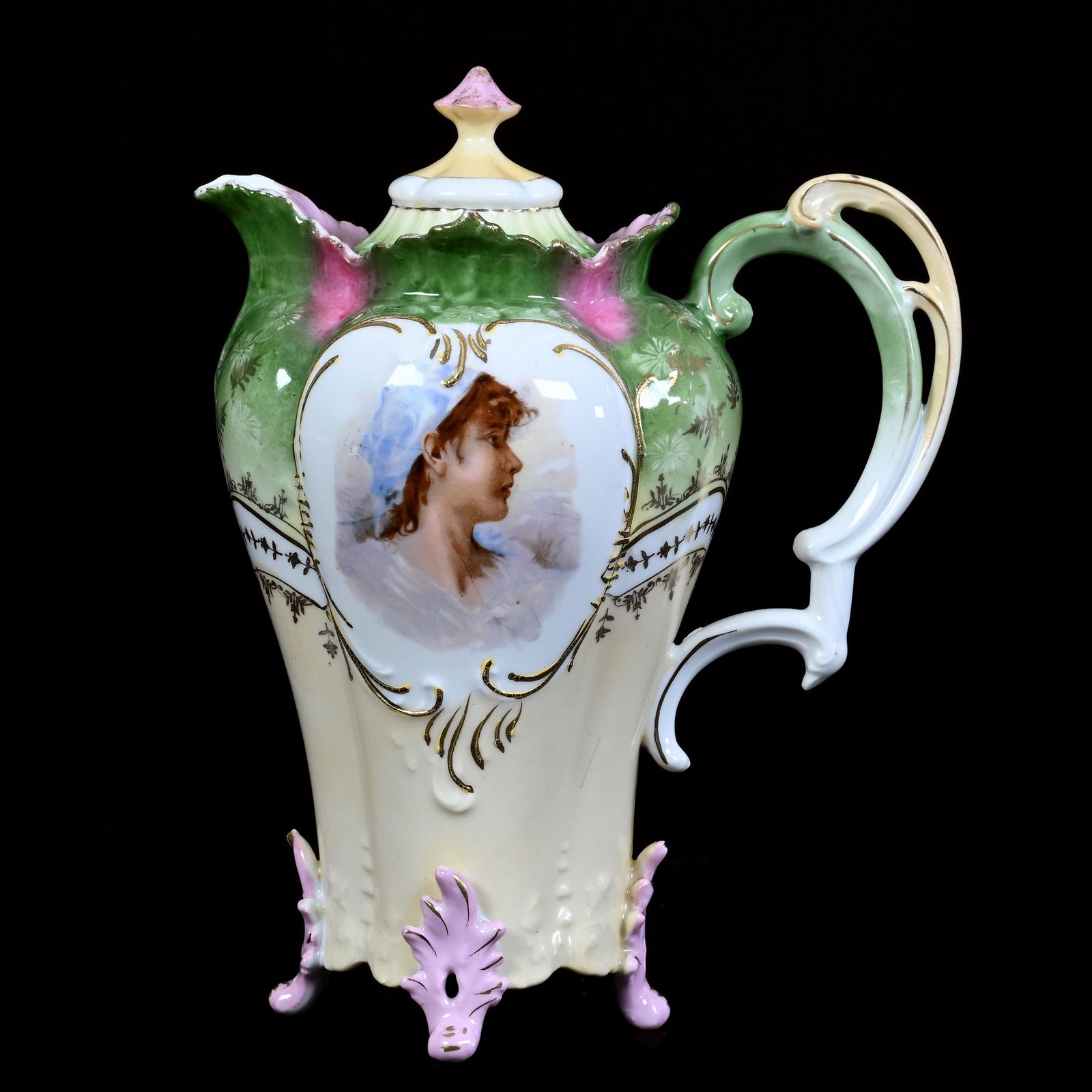 Chocolate Pot, Footed, Unmarked R.S. Prussia, Peasant Girl Portrait Decor (1 of 3)