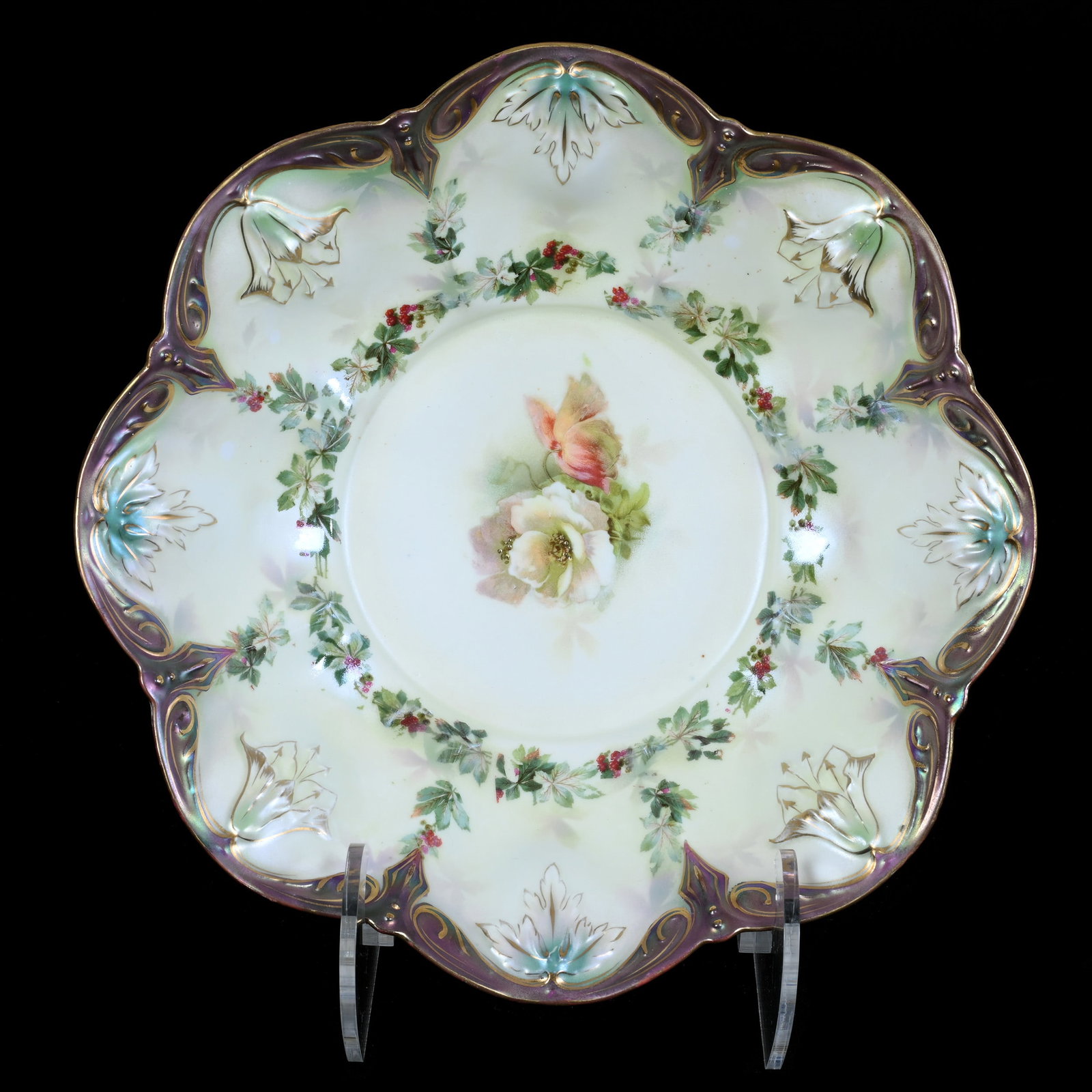 Bowl, Unmarked R.S. Prussia, Floral Decor, Iridescent Tiffany Border: Bowl, Unmarked R.S. Prussia, Floral Decor, Iridescent Tiffany Border, 11", Yellow And Green Satin Finish, Nice Mold, Neal and Barbara Smith Private Collection, Alabama.