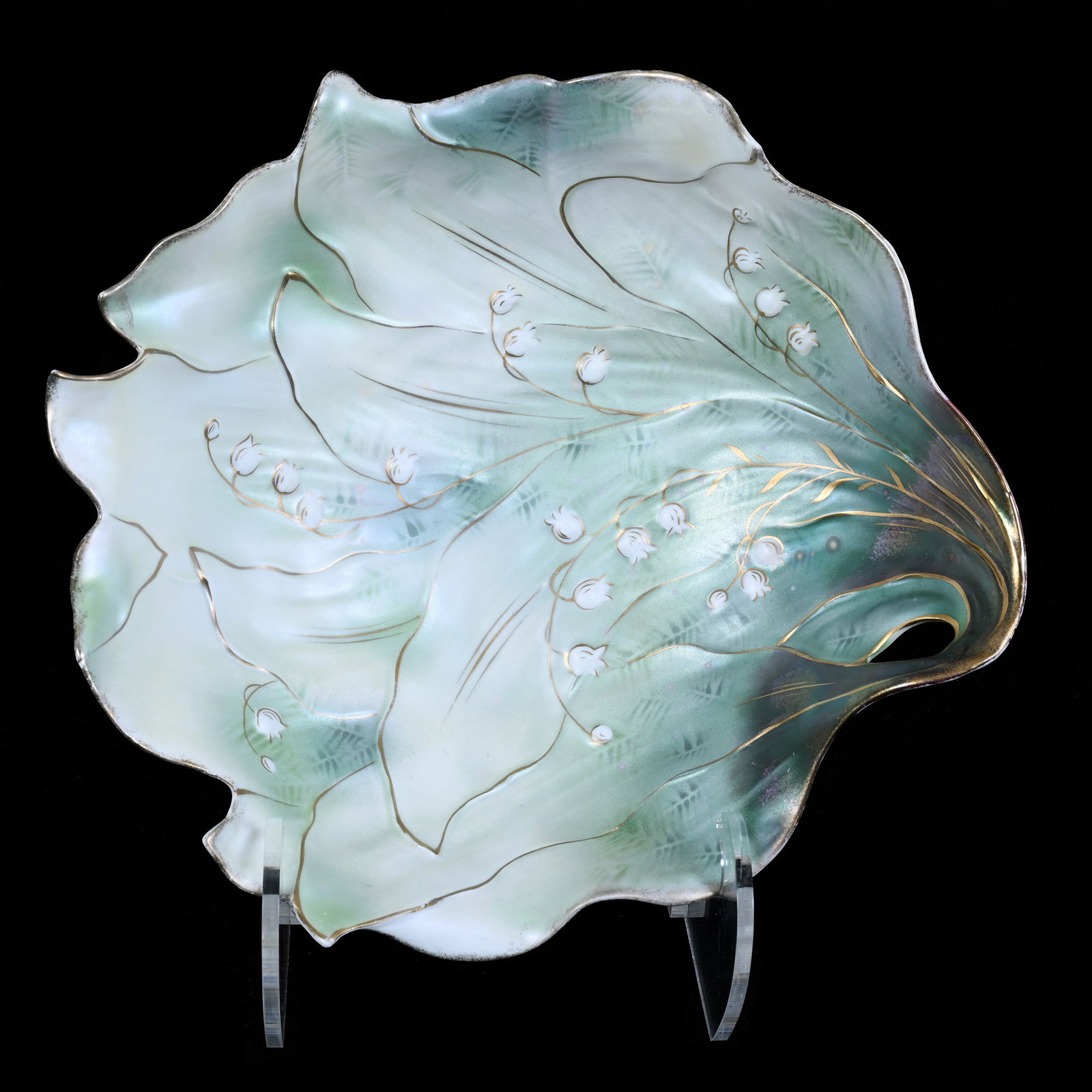 Bowl, Marked R.S. Prussia, Lily Of The Valley Mold: Bowl, Marked R.S. Prussia, Lily Of The Valley Mold, 10.75", Green And White Satin Finish, Gold Stencil Highlights, Neal and Barbara Smith Private Collection, Alabama.