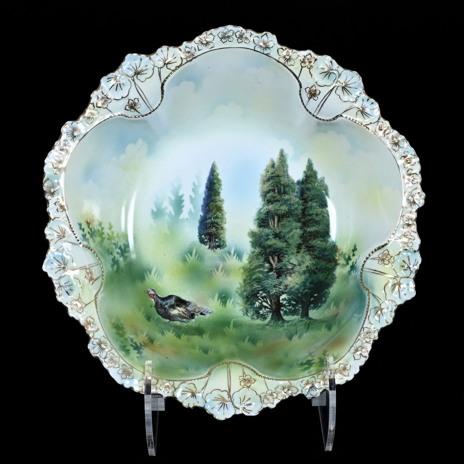 Bowl, Marked R.S. Prussia, Turkey and Evergreen Scenic Decor: Bowl, Marked R.S. Prussia, Turkey and Evergreen Scenic Decor, 10.75", Neal and Barbara Smith Private Collection, Alabama.