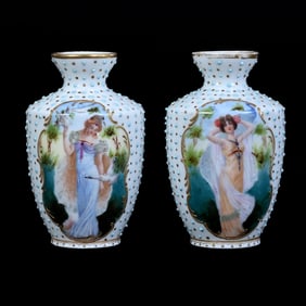 Pair Vases Marked Prov Saxe, Scenes Include Woman With Peacock and Woman With Doves
