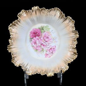 Bowl, Dome Foot, Marked R.S. Prussia, Pink Rose Decor, Peach and White Satin Finish