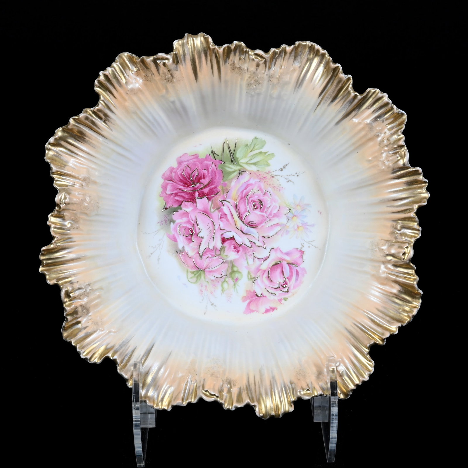 Bowl, Dome Foot, Marked R.S. Prussia, Pink Rose Decor, Peach and White Satin Finish: Bowl, Dome Foot, Marked R.S. Prussia, Pink Rose Decor, Peach and White Satin Finish, 4.25" x 10.5", Gold Highlights, Neal and Barbara Smith Private Collection, Alabama.