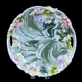 Cake Plate, Unmarked R.S. Steeple, Embossed Floral Mold, Green Marble Ground