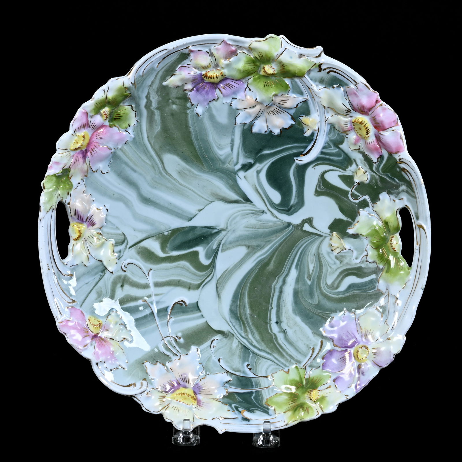 Cake Plate, Unmarked R.S. Steeple, Embossed Floral Mold, Green Marble Ground (1 of 2)