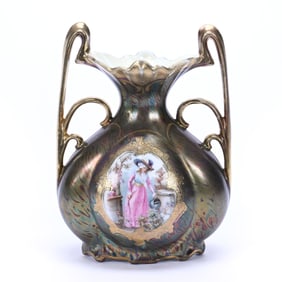 Vase, Two Handles, Marked Royal Vienna, Woman With Watering Can Decor