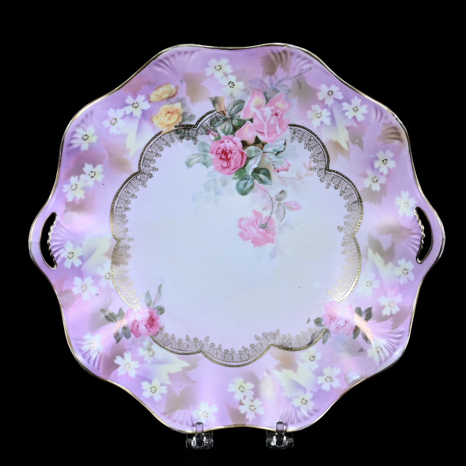 Cake Plate Marked R.S. Prussia, Pink Rose and White Blossom Decor: Cake Plate Marked R.S. Prussia, Pink Rose and White Blossom Decor, 11.25", Lavender and White Satin Finish, Neal and Barbara Smith Private Collection, Alabama.