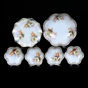 Berry Set and Plate Marked R.S. Prussia, Green and White Satin Finish, Poppy Decor