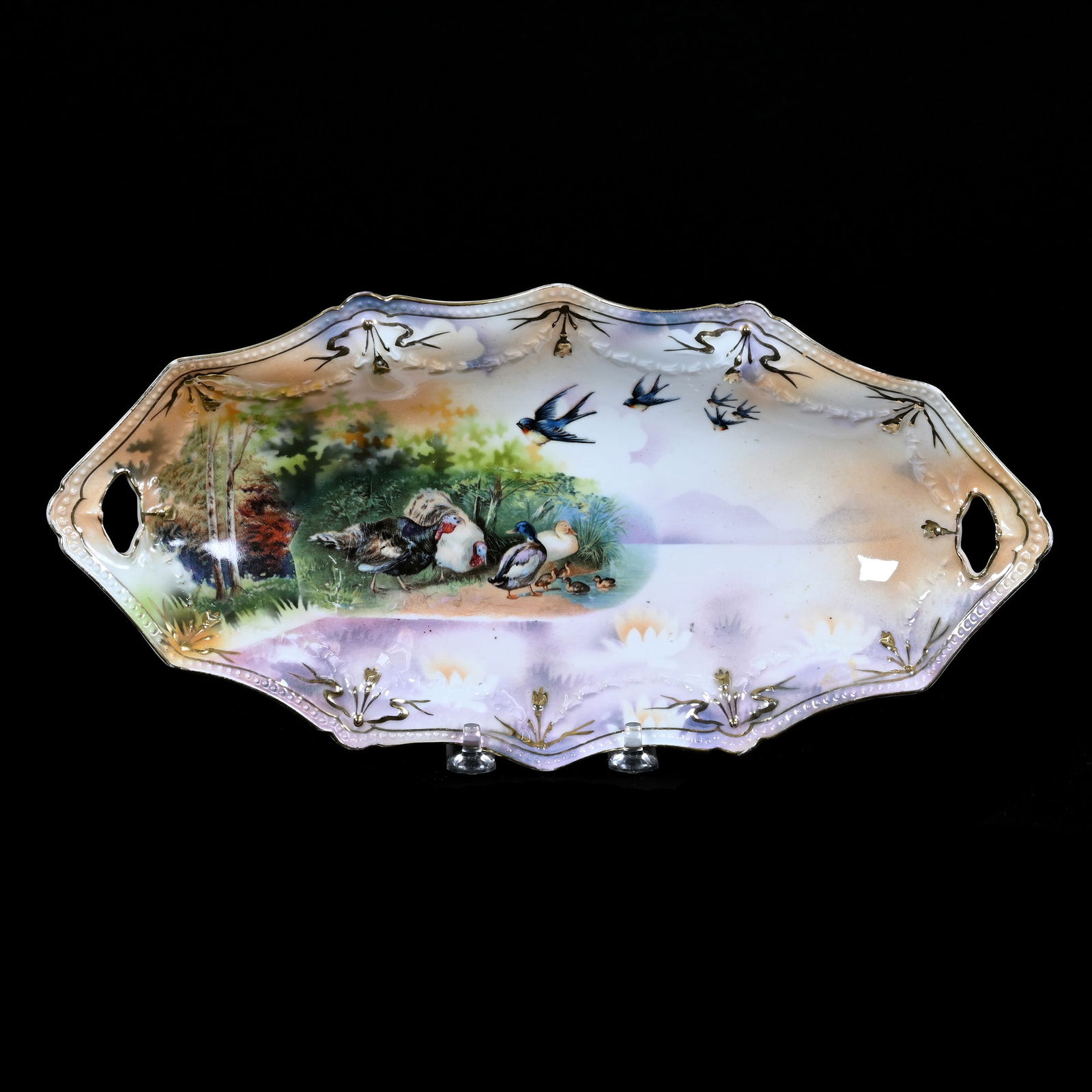 Celery Tray Marked R.S. Prussia, Swag and Tassel Mold, Triple Scene Includes Duck Runner, Turkey and (1 of 2)