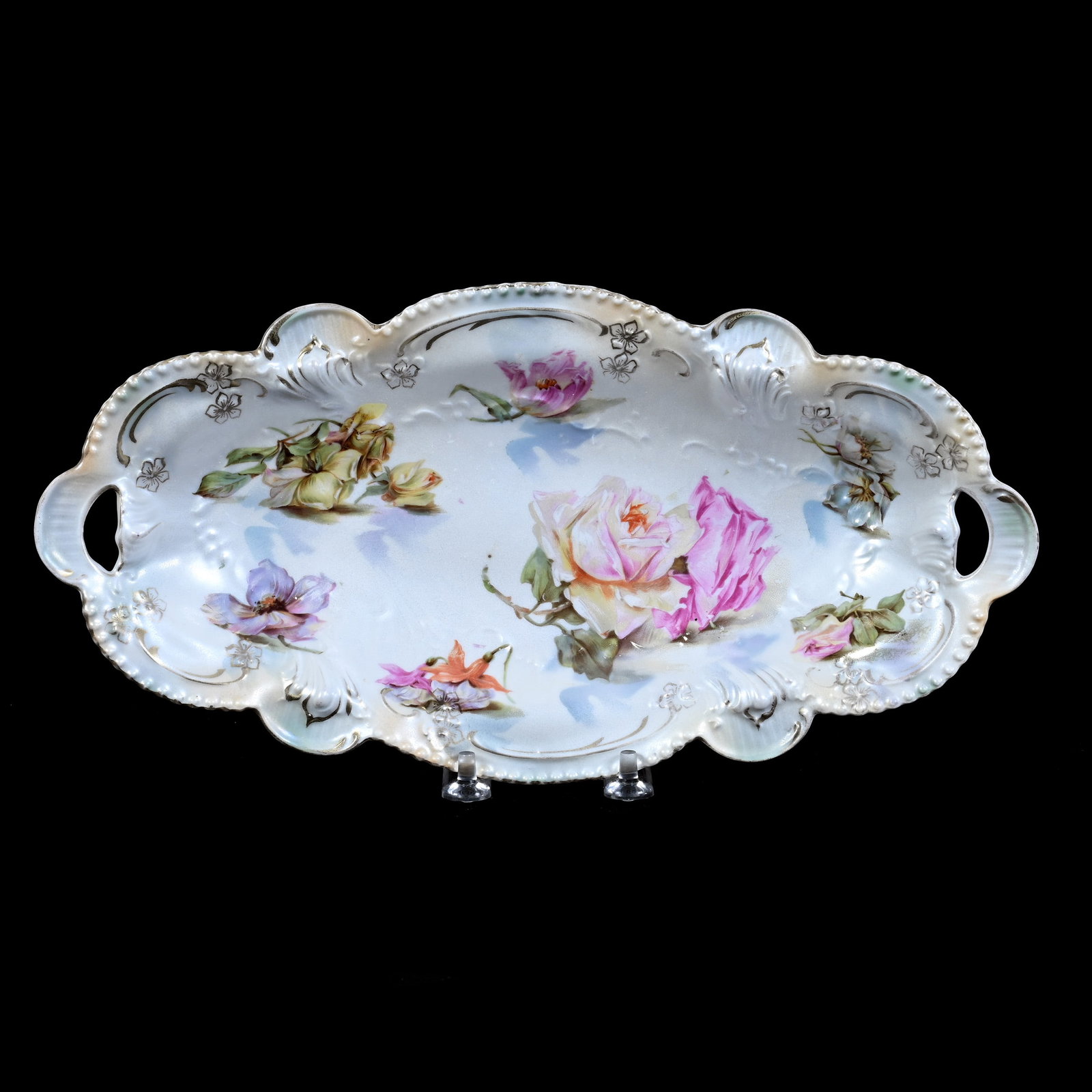 Celery Tray Marked R.S. Prussia, Scattered Floral Decor: Celery Tray Marked R.S. Prussia, Scattered Floral Decor, 12.25" x 6.25", White, Lavender and Cream Satin Finish, Neal and Barbara Smith Private Collection, Alabama.